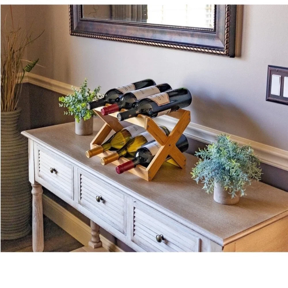Foldable bamboo countertop wine rack modern wooden 6 bottle wine rack decor